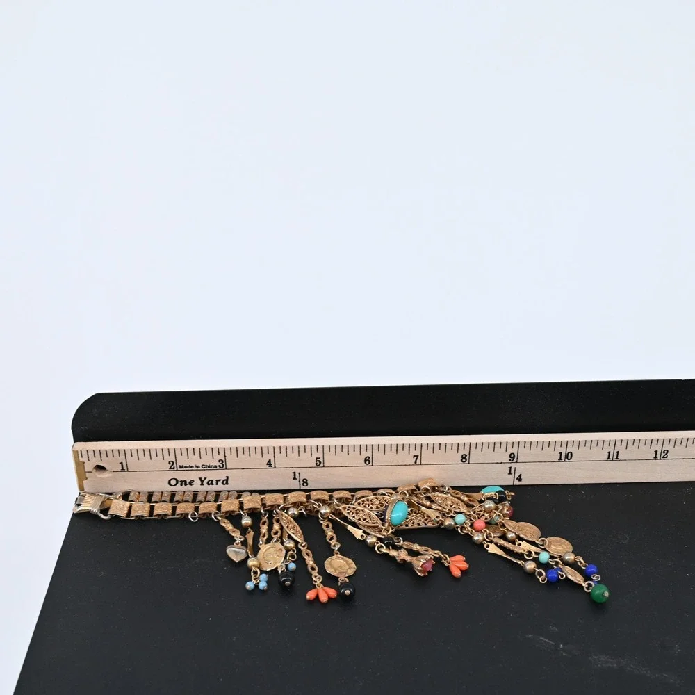 Vintage Gold Tone Victorian Revival Fringe Charm Necklace Lapis Coral Turquoise